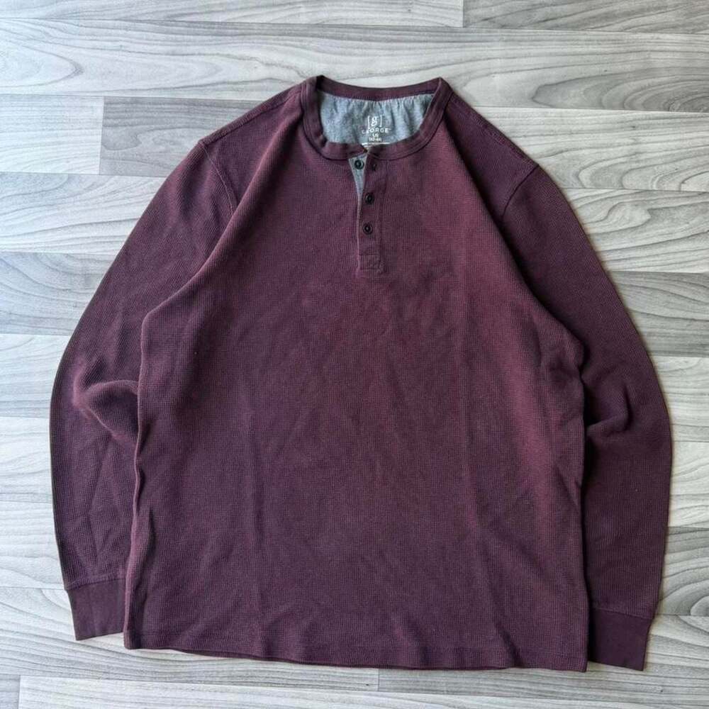George Burgundy Waffle Knit Henley Long Sleeve Shirt